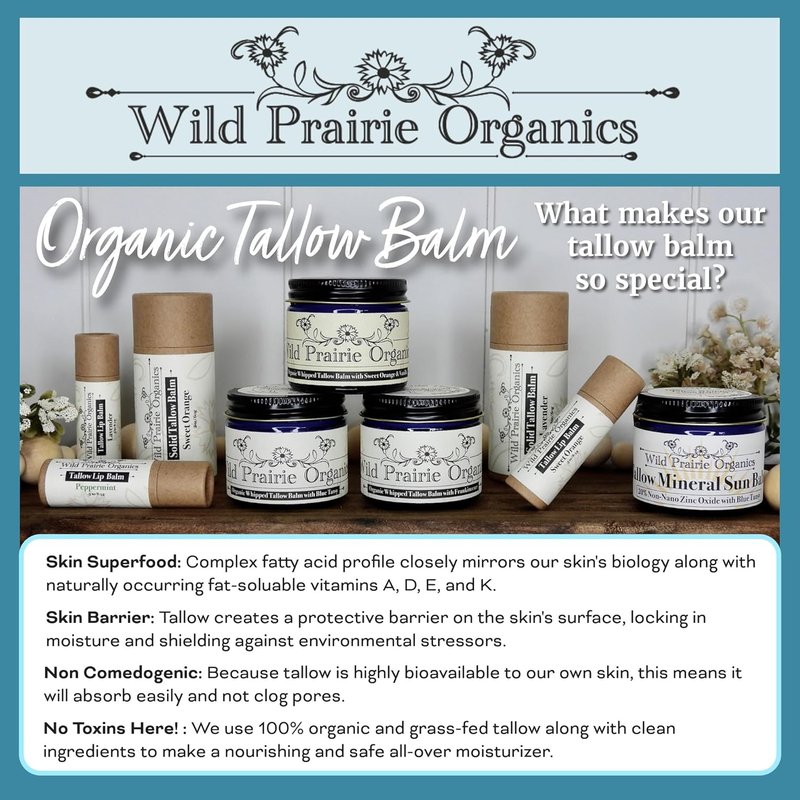 Wild Prairie Organics | Organic Whipped Tallow Balm - Frankincense Scented, Moisturizing Skin Care
