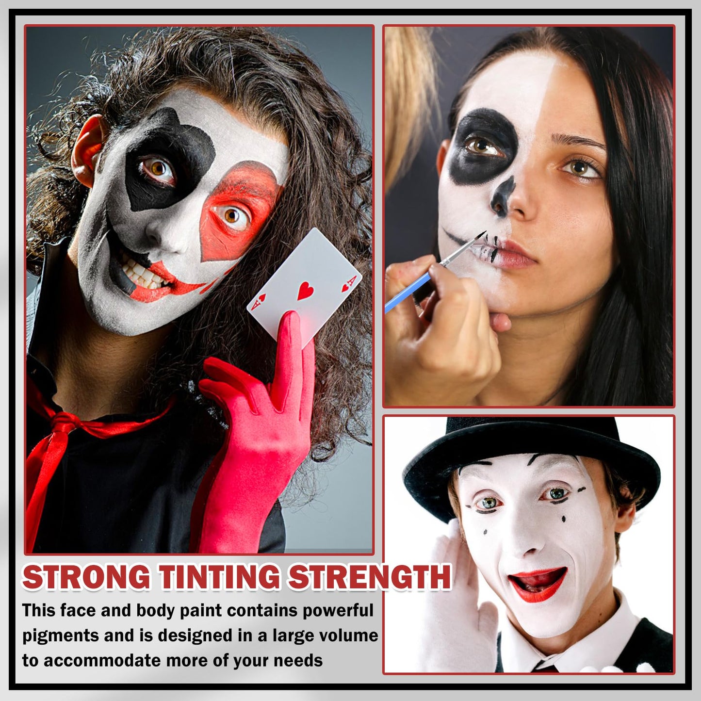 QIUFSSE Clown Makeup Kit,Red Black and White Face Painting Kit Professional,Clown Face Paint Halloween Makeup with Brushes,Oil Based Body Paint for Adults,Joker Vampire Zombie