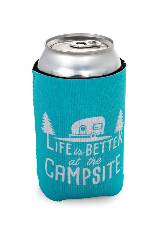 Camco Life is Better at The Campsite Can Sleeve – Neoprene Soda or Beer Can Coolie, Fits 12 oz. Cans, Teal Blue and White Retro Camper Theme – (53249)