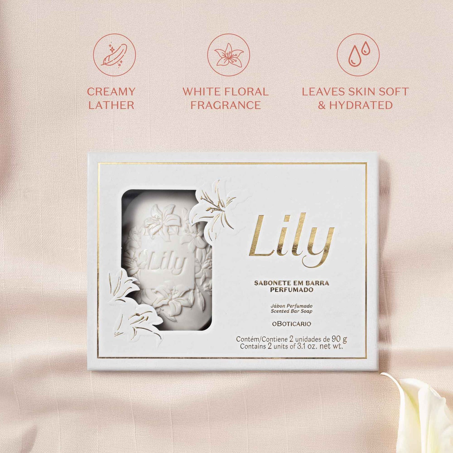 O Boticário Lily Perfumed Soap Bars, Gently Cleanses and Softens Skin (2x90g)