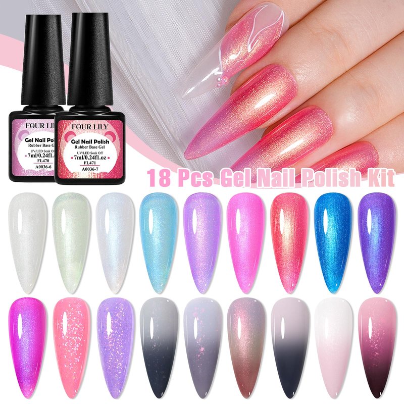 Four Lily 18 Colors Rubber Base Gel Set, Pearlescent Rubber Base Gel Polish for Nails Color Changing Builder Base Nail Gel Brocade 2-in-1 Soak Off Base Gel Nail Strengthener Gifts for Women