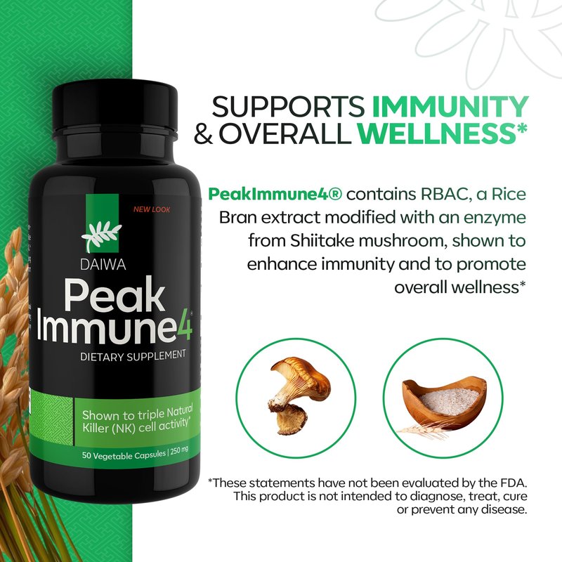 Daiwa PeakImmune4® – Immune Support Supplement for Adults with Rice Bran Arabinoxylan Compound (RBAC) and Enzyme from Shiitake Mushroom – 50 Capsules