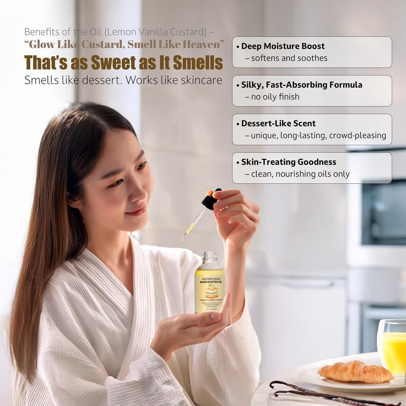Soothing House Lemon Vanilla Custard Oil with All-Natural Moisturizing Body Oil for Soft, Glowing Skin with Almond & Jojoba Oil (4 fl oz)
