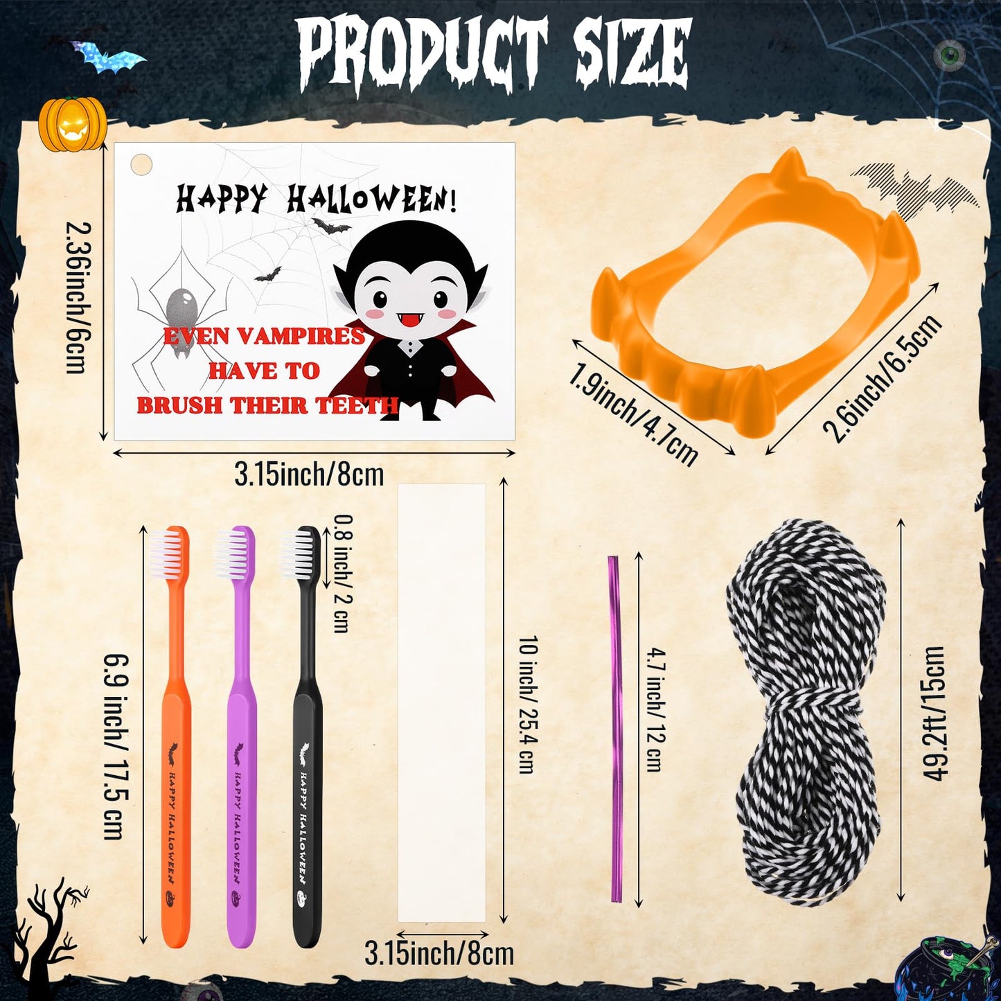 Soulchen 24 Set Happy Halloween Toothbrushes Vampire Teeth Kit Including 24 Vampire Fangs, 24 Individually Wrapped Toothbrush, Cards, Lanyard and Bag for Halloween Cosplay Party Costume Accessories