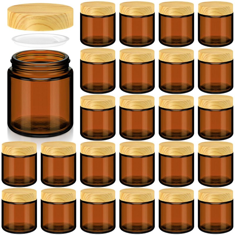 Norme 24 Pcs Glass Jars with Lids Empty Small Glass Containers and Inner Liners Reusable Cosmetic Jars Round Airtight Bottles with Plastic Woodgrain Lids for Storing Lotion (4 oz,Amber)