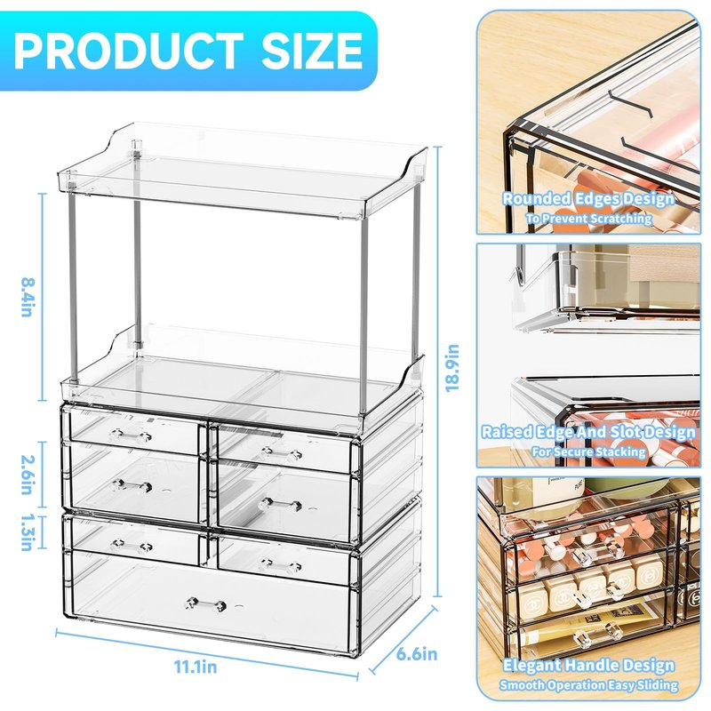 3 Pack Bathroom Organizers and Storage Countertop With 7 Drawers,Stackable Vanity Drawer Organizer for Makeup,18.9" Tall Large Capacity Skincare Organizer and Exquisite Makeup Organizer,Black