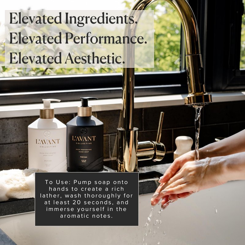 L'AVANT Collective Natural Luxury Hand Soap | Plant-Based, Non-Toxic & Moisturizing, Safe for Kids & Pets, Refillable Glass Bottle with Pump, 16 Fl Oz, Bathroom & Kitchen | Fresh Linen