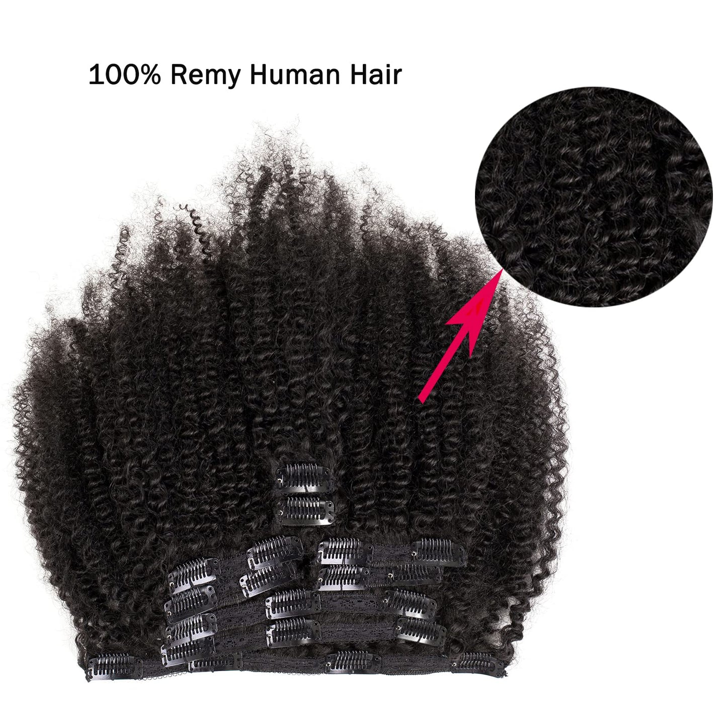 SAGA QUEEN Brazilian Human Hair Afro Kinky Curly Clip In Hair Extension 8pcs 120g/pck Brazilian Virgin Human Hair 4B 4C Afro Coily Clip In Hair Extension for Daily Use (12inch, natural black)