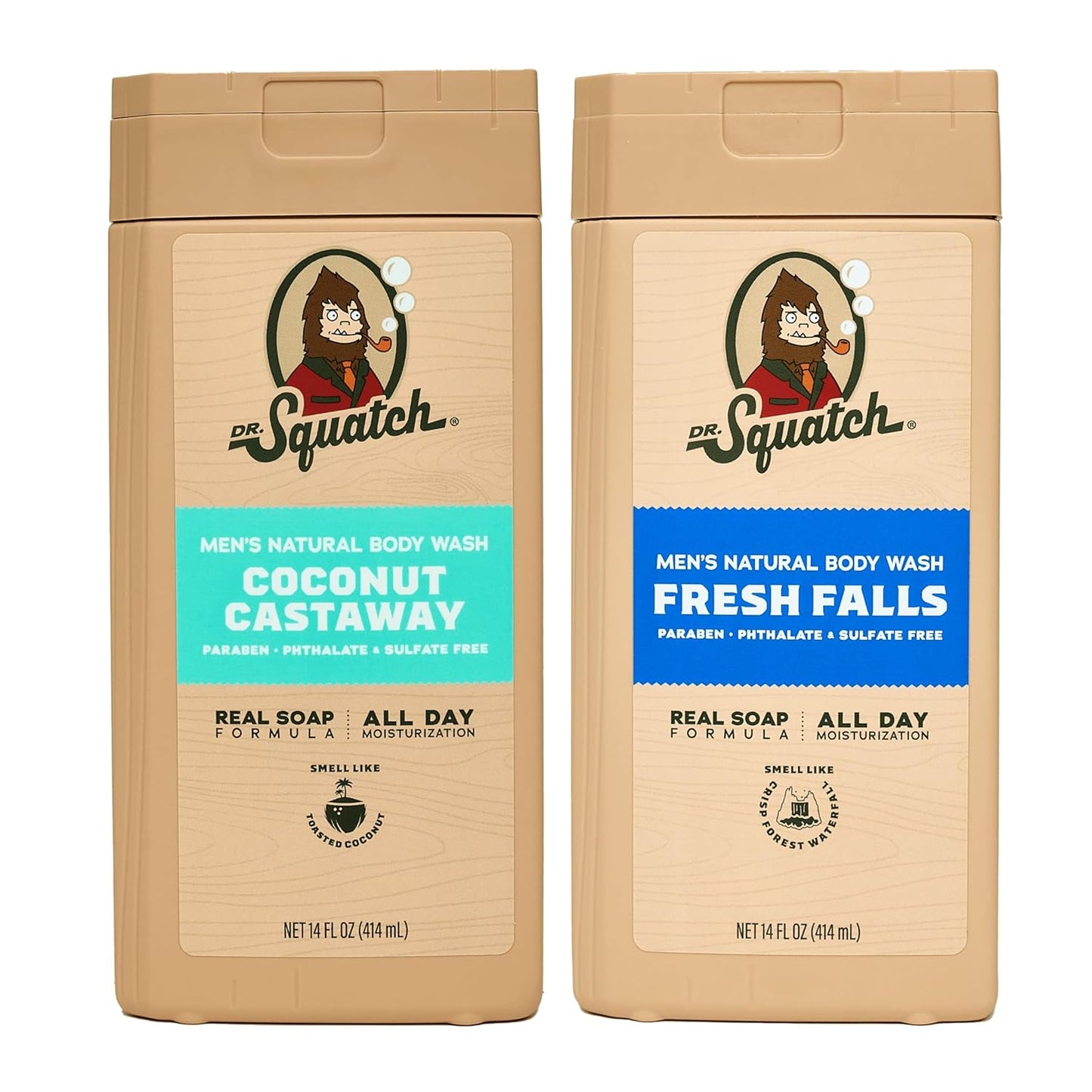 Dr. Squatch Men's Body Wash - Natural Cleansing Shower Gel for Nourishing Skin | Fresh Falls & Coconut Castaway (14 oz, 2-Pack)