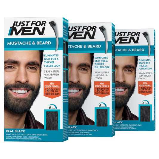 Just For Men Mustache & Beard, Beard Coloring for Gray Hair with Brush, With Keratin Biotin Aloe and Coconut Oil for Healthy Facial Hair - Real Black, M-55, Pack of 3