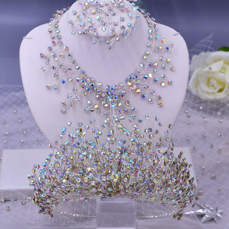 Bridal Rhinestone Crown Hair Accessories, Colorful Rhinestone Hair Bands, Women's Wedding Tiara Set (Multi-color Crown + Necklace + Earrings) HP193-M-SET