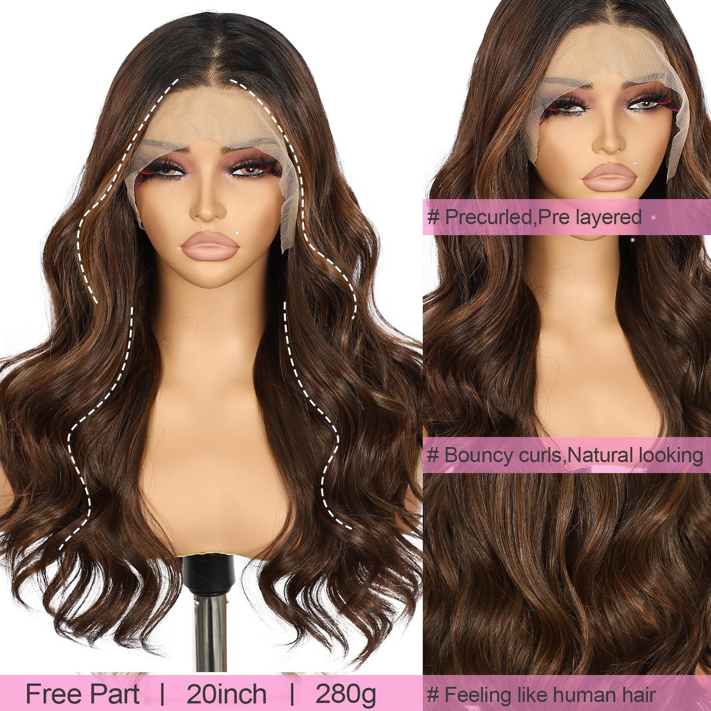Brown Lace Front Wig - 13x4 Pre-Plucked Loose Wave | 20-Inch Synthetic Heat Resistant Fiber for Daily Wear
