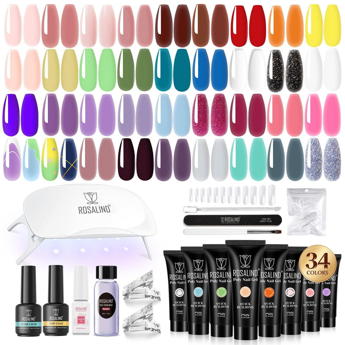 ROSALIND Coloful Poly Nail Gel Kit -34 Colors + Neon Accessories Clear Nude Poly Nails Gel Starter Kit with Mini UV Lamp Slip Solution Fall Colors Halloween Poly Extensions Kit