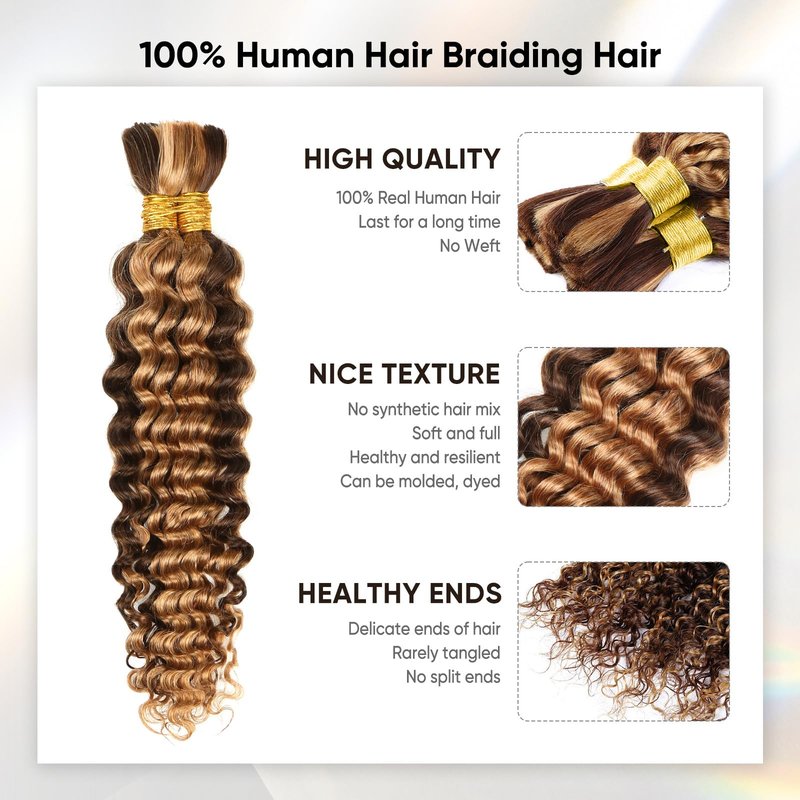 Human Braiding Hair 16 Inch 100g Ombre Highlight Deep Wave Bulk Human Hair for Braids No Weft Curly Bundles Human Hair Extensions for Boho Knotless Braids Wet and Wavy Braiding Hair (4/27)
