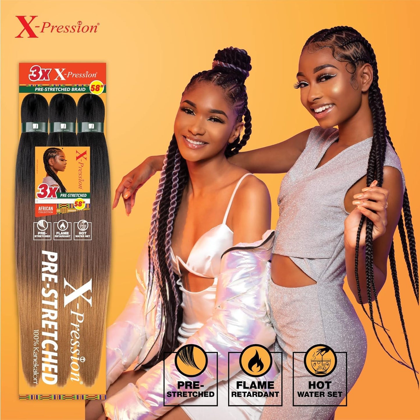 XPRESSION 3X Pre-Stretched Braids - 58 Inch Long, 5-Pack | Natural Black 1B
