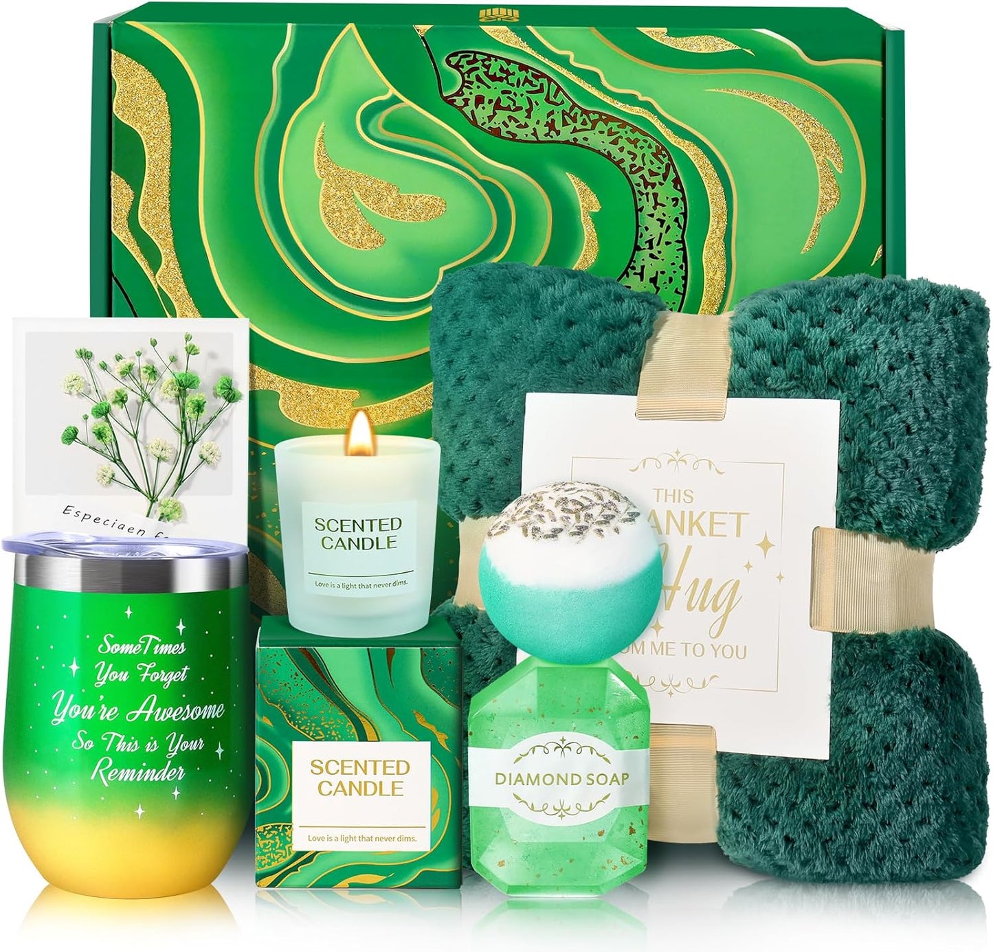 Relaxing Spa Gift Basket for Women - Flannel Blanket & Essentials | Perfect Birthday, Thank You, Get Well Soon Gift (Green)
