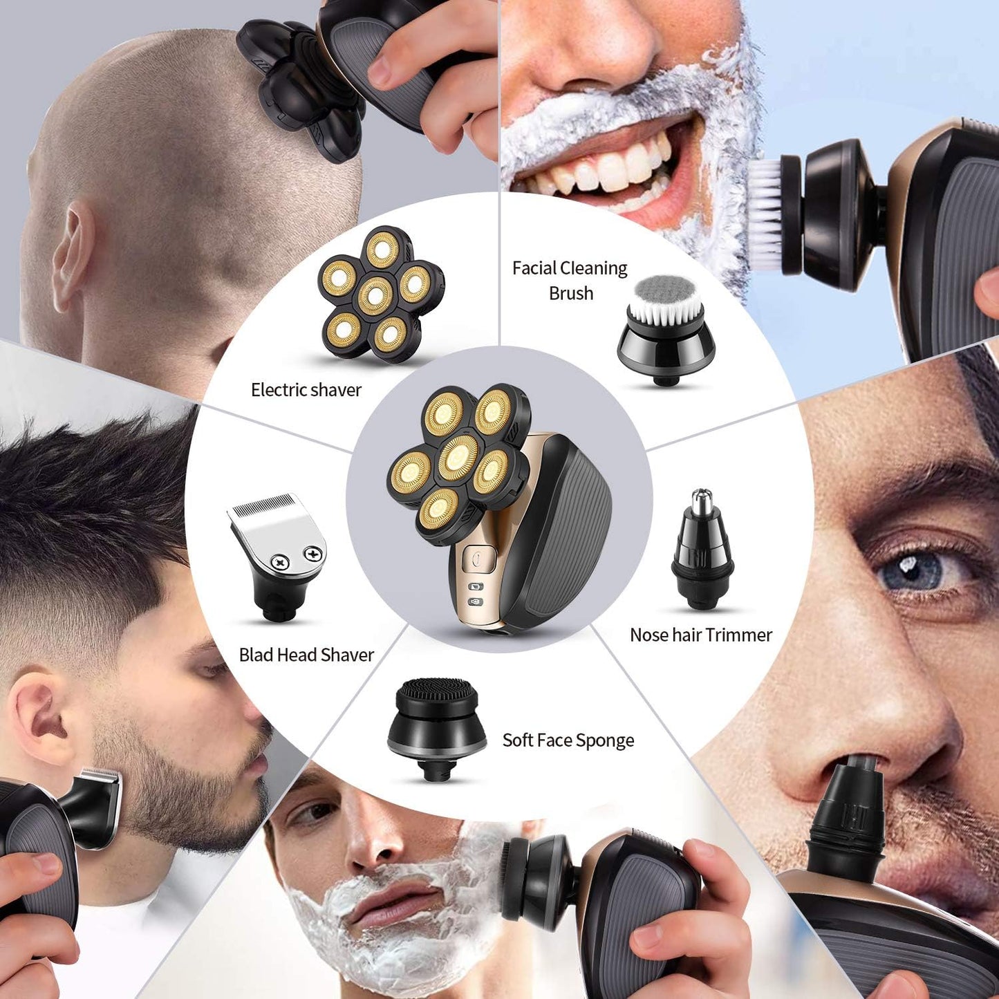 Multifunctional Bald Head Shaver - Waterproof Cordless Electric Razor Grooming Kit for Men | Gold Finish
