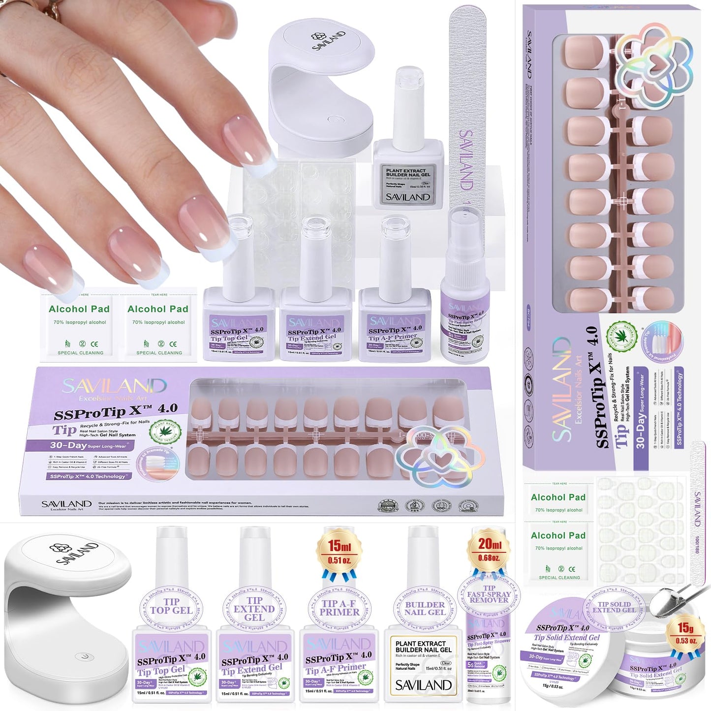 SAVILAND Press On Nails Short: French Tip Summer Builder Gel for Nail Long-lasting Solid Nail Glue Gel and U V Gels Glue Remover, Top Coat, Primer Prep and Mini Lamp, Manicure Art Kit DIY At Home