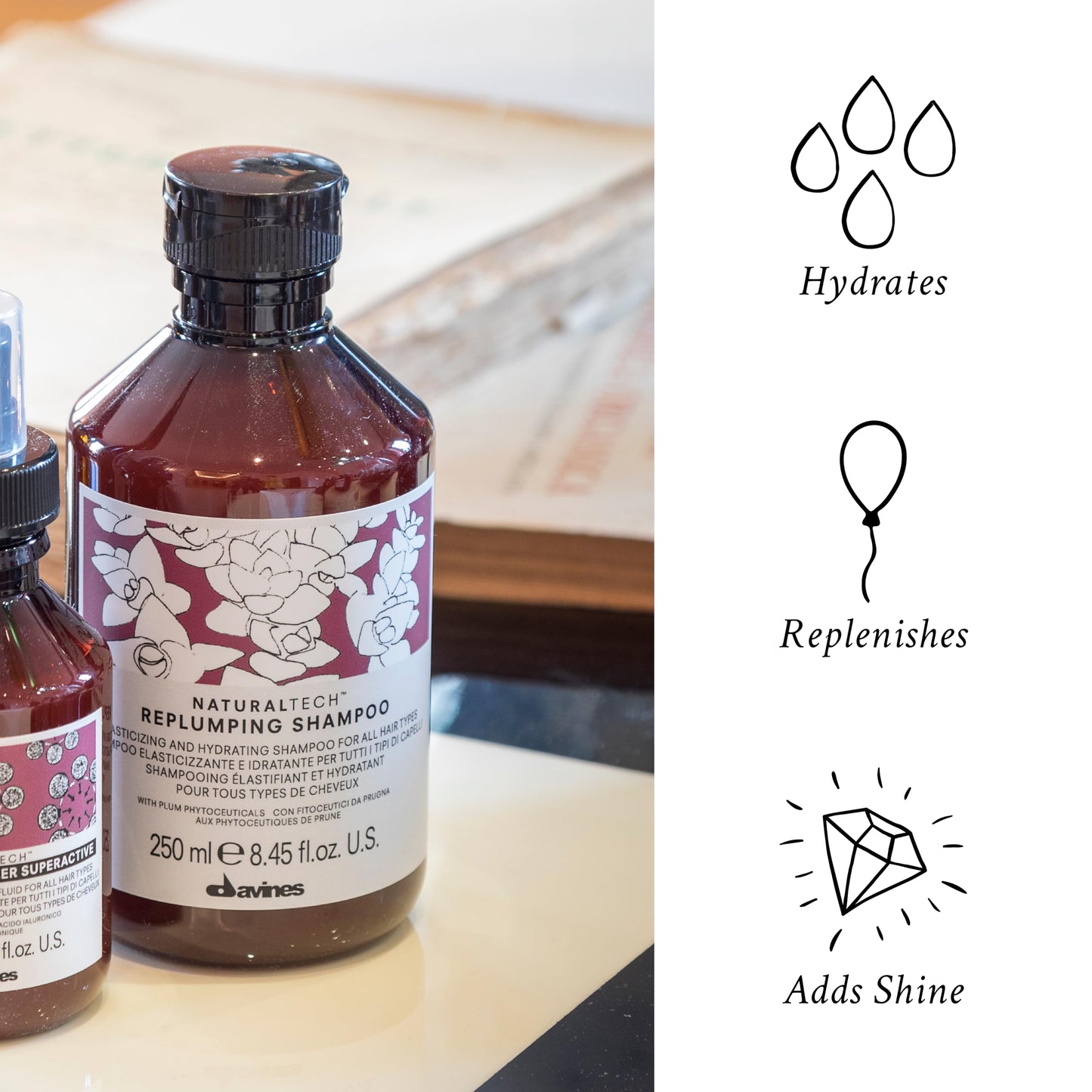 Davines Naturaltech Replumping Shampoo, Moisturizing for Fine Hair Lacking Elasticity - With Plum Phytoceuticals - Gentle Cleanser Adds Elasticity, 8.45 Fl Oz