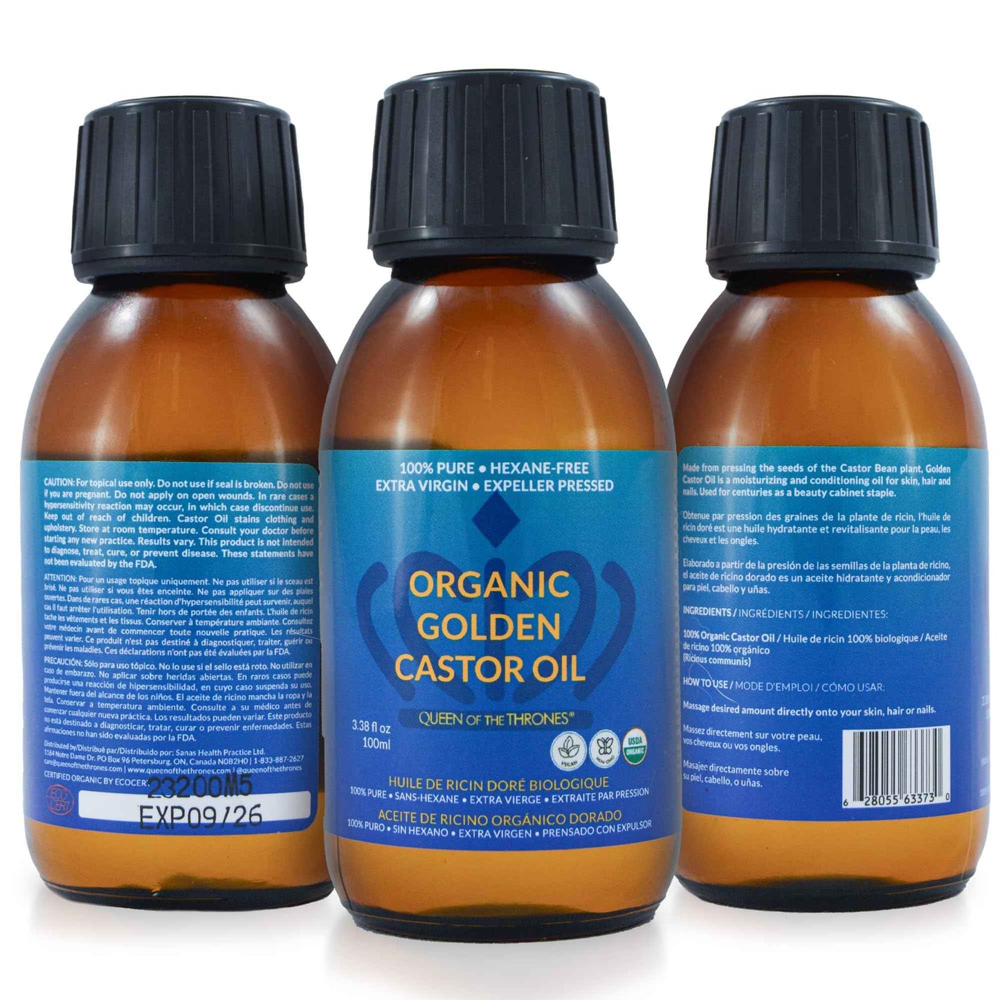 QUEEN OF THE THRONES Organic Golden Castor Oil | 100% Pure for Hair, Skin, Nails, Brows & Lashes | Hexane-Free | USDA Certified [3.38oz (100ml)]