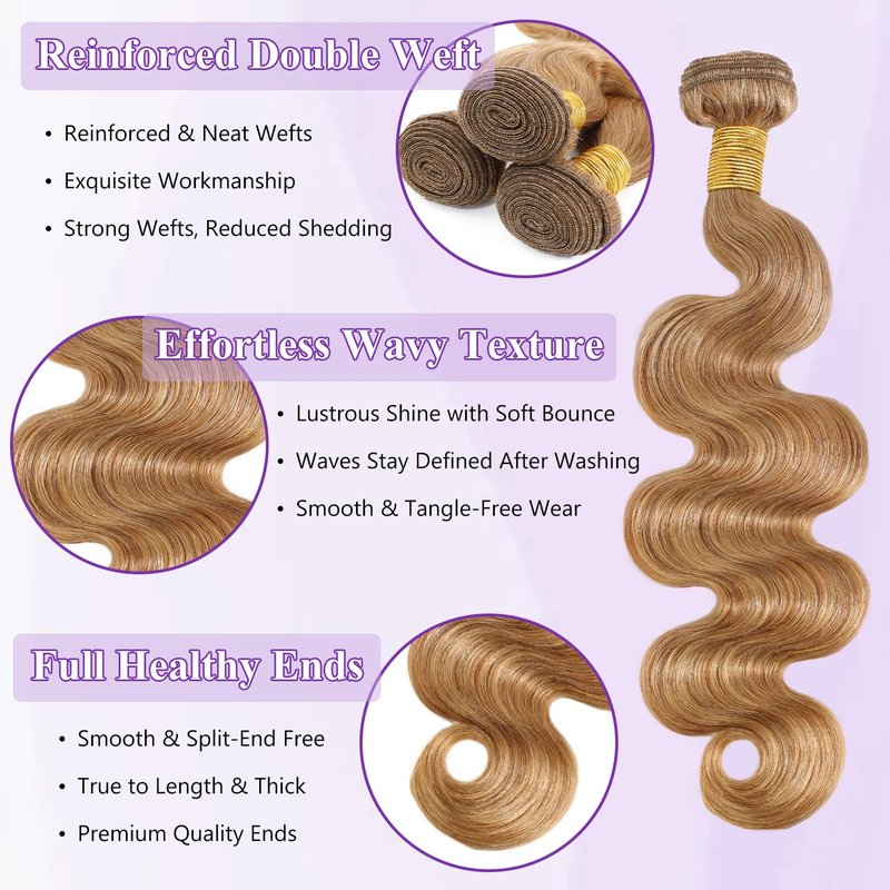 ANMETAN #27 Honey Blonde Bundle Human Hair Body Wave, 13A Color 27 Human Hair 1 Bundle Deal Silky and Soft 100% Unprocessed Brazilian Virgin Hair Extensions Blonde Double Weft for Black Women 14 Inch
