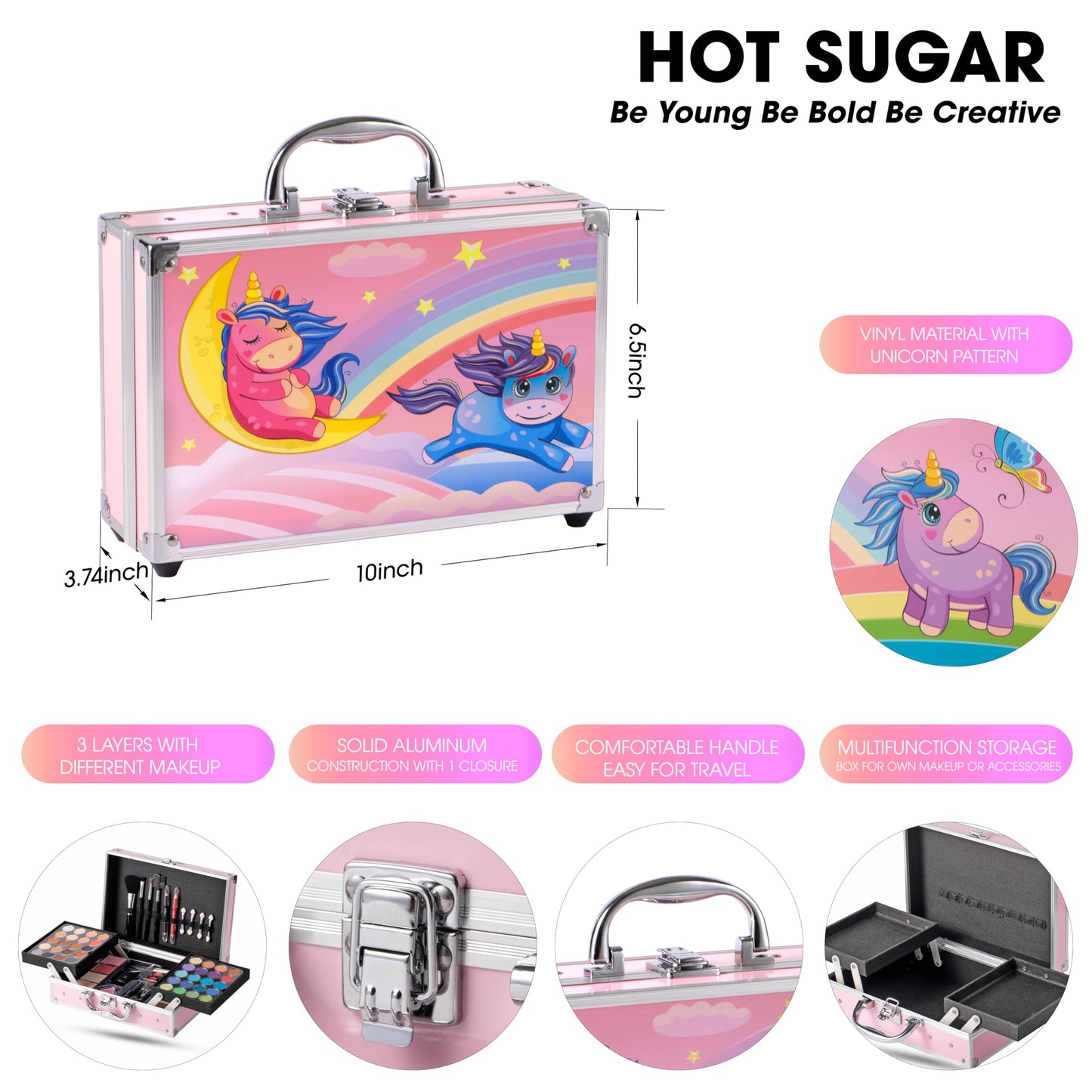 Hot Sugar Makeup Kit for Girls With Unicorn Aluminum Cosmetic Box including eyeshadow lipstick blush brush for Birthday Christmas