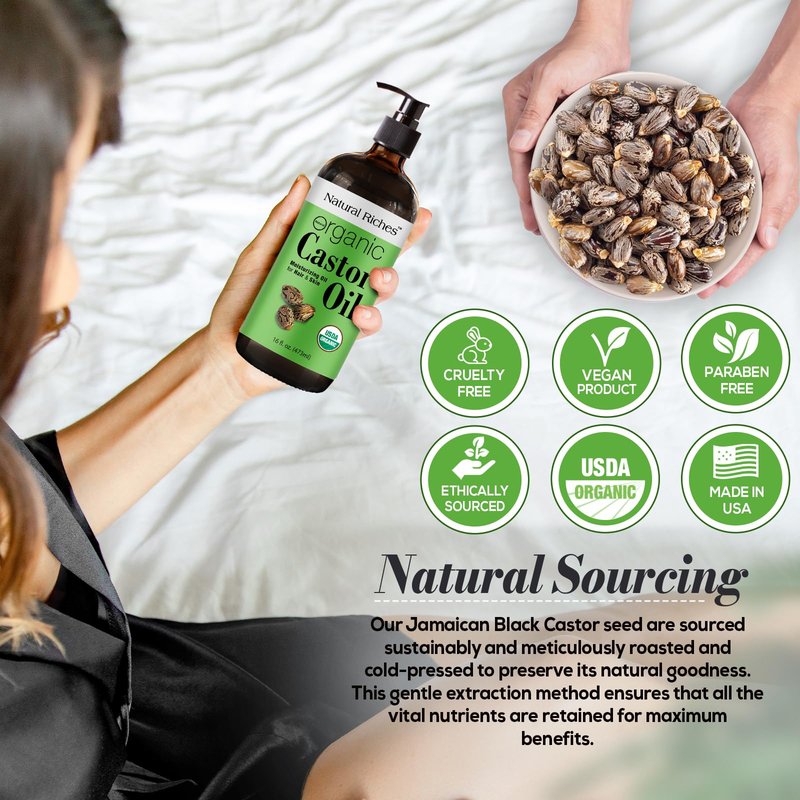 Natural Riches Organic Castor Oil Glass Bottle - USDA Certified, 100% Pure, Unrefined & Cold Pressed – Soothes Dry Skin, Scalp - For Hair Growth & Thicker Eyelashes, Eyebrows – 16 fl oz