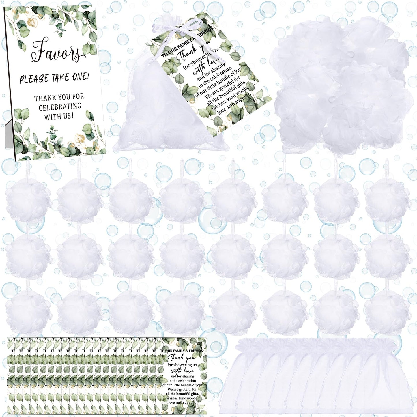 Anglechic 50 Sets Baby Shower Favors for Guests Include 50 Pcs Bath Sponge Loofahs 50 Pcs Thank You Cards 50 Pcs White Organza Bags 1 Wooden Sign for Baptism Baby Shower Gender Reveal Birthday