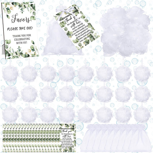 Anglechic 50 Sets Baby Shower Favors for Guests Include 50 Pcs Bath Sponge Loofahs 50 Pcs Thank You Cards 50 Pcs White Organza Bags 1 Wooden Sign for Baptism Baby Shower Gender Reveal Birthday