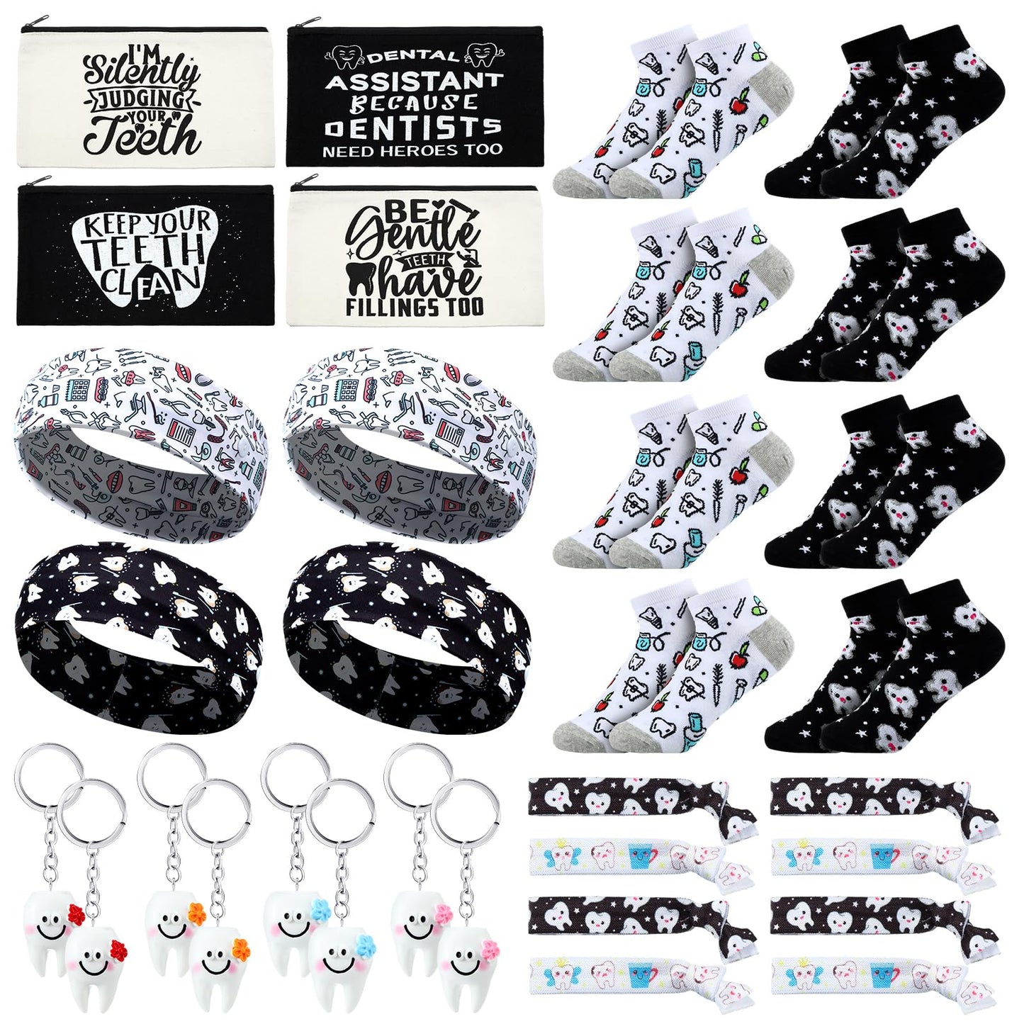Blushtier 40 Pcs Dental Hygienist Gifts Set Dental Assistant Gift Dentist Appreciation Gifts Include Cosmetic Bags Socks Keychains Headbands Hair Ties Women Patients Dental Assistant Week Accessories