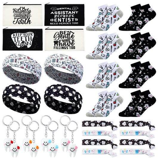 Blushtier 40 Pcs Dental Hygienist Gifts Set Dental Assistant Gift Dentist Appreciation Gifts Include Cosmetic Bags Socks Keychains Headbands Hair Ties Women Patients Dental Assistant Week Accessories