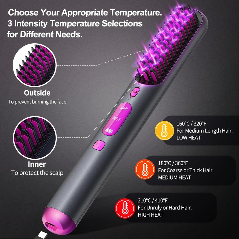 FeMaLUX Cordless Hair Straightener Brush, Portable Hair Straightener for Women,Lightweight for Travel Easy use,80mins Long Battery,10s Fast Heating, USB Rechargeable,Plasma Ionic Tech, LED Display
