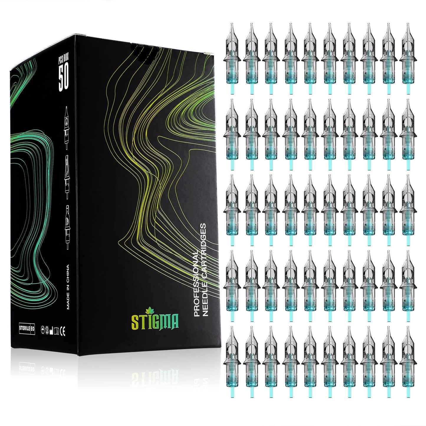 STIGMA Aquamarine Knight Tattoo Cartridge Needles #12(9RM) 50Pcs 0.35mm Standard Disposable Tattoo Needles Cartridges with Membrane Curved/Round Magnum EN02B-50-OF1209RM