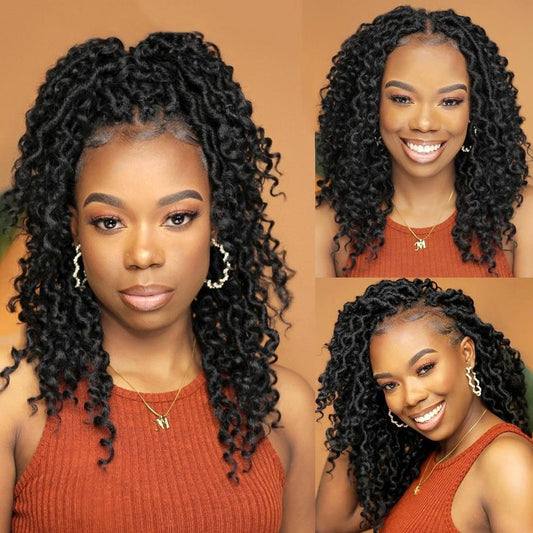 Forevery Goddess Locs Crochet Hair 12 Inch Faux Locs Crochet Hair for Black Women Pre Looped 6 Packs Boho Locs Crochet Hair with Curly Ends 1B