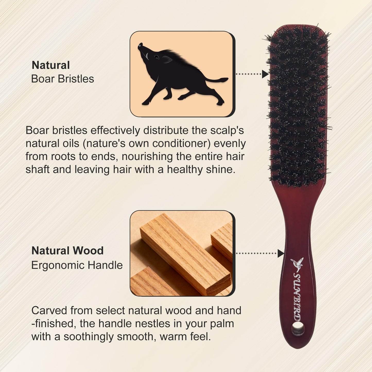 SUNBIRD Slick Back Hair Brush, Boar Bristle