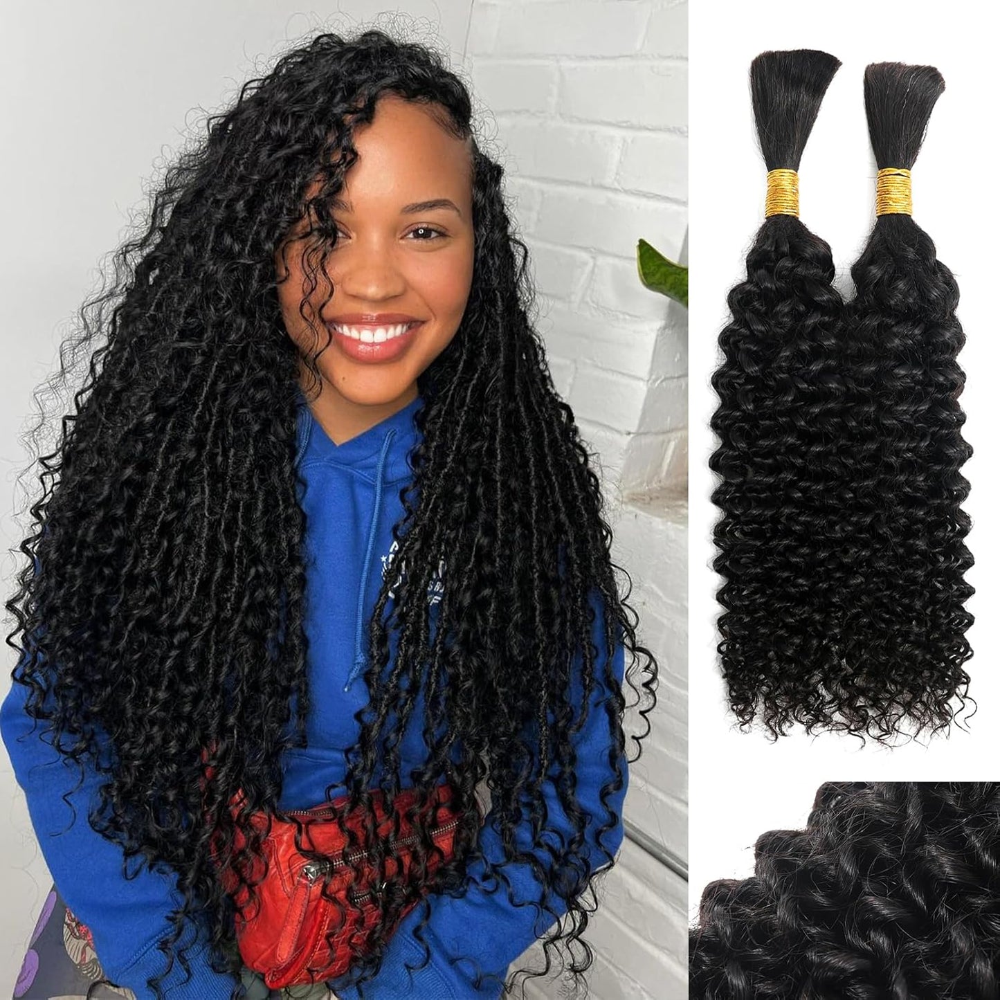 Human Braiding Hair for Boho Braids - Curly Wet Wavy 100g, 2 Bundles, No Weft Micro Braiding Extensions