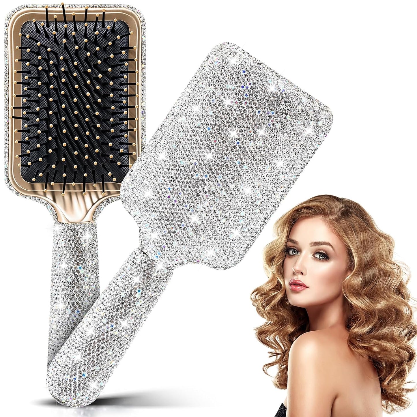 Rhinestone Hair Brush for Women - Bling Detangling Paddle Comb | Curly & Wet/Dry Hair Types
