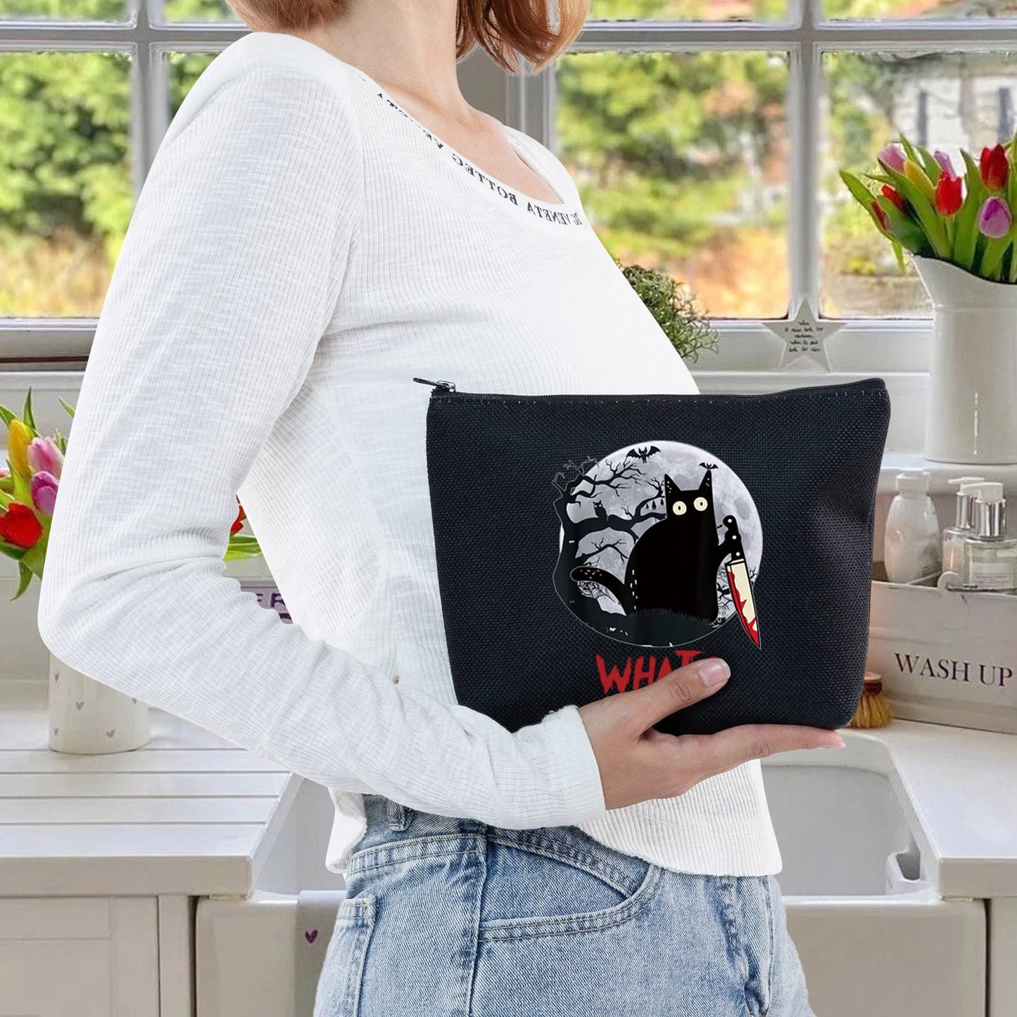 LEVLO Murderous Cat With Knife Cosmetic Make Up Bag Sneaky Cartoon Aminal Inspired Gifts Cat What Makeup Zipper Pouch Bag (C at What LT)