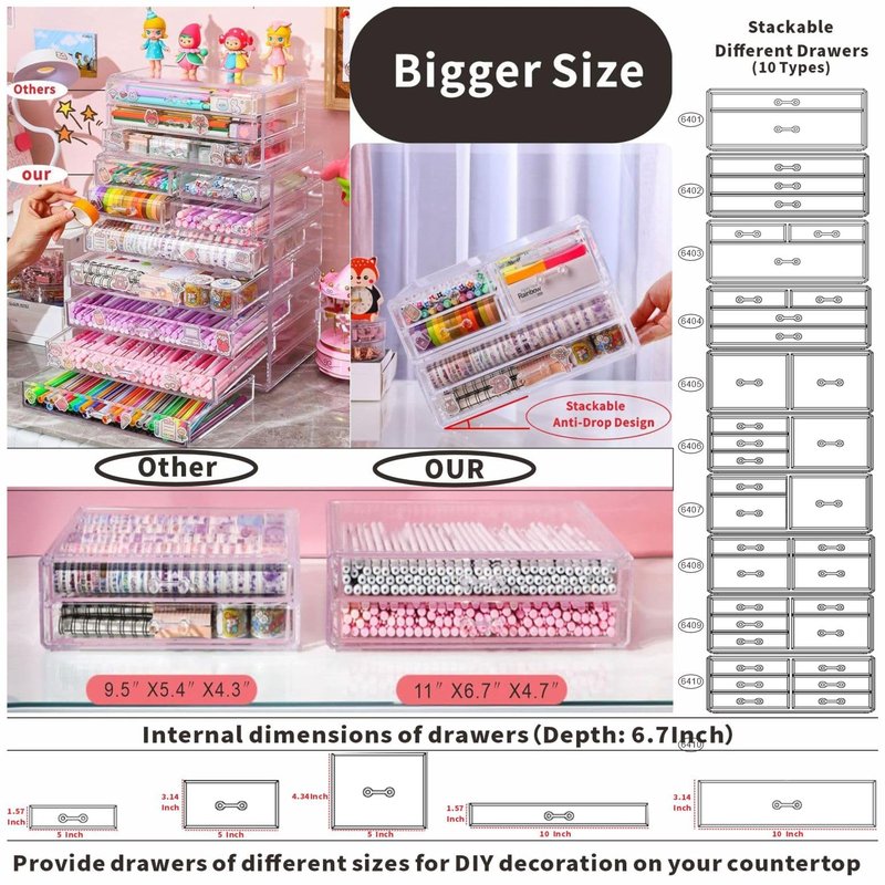 Cq acrylic Clear acrylic organizers Countertop,2 Large Drawers stackable storage bins,clear storage bins for Vanity Jewelry,Hair Accessory,Beauty,Skin Care,Skincare Product stackable storage drawers