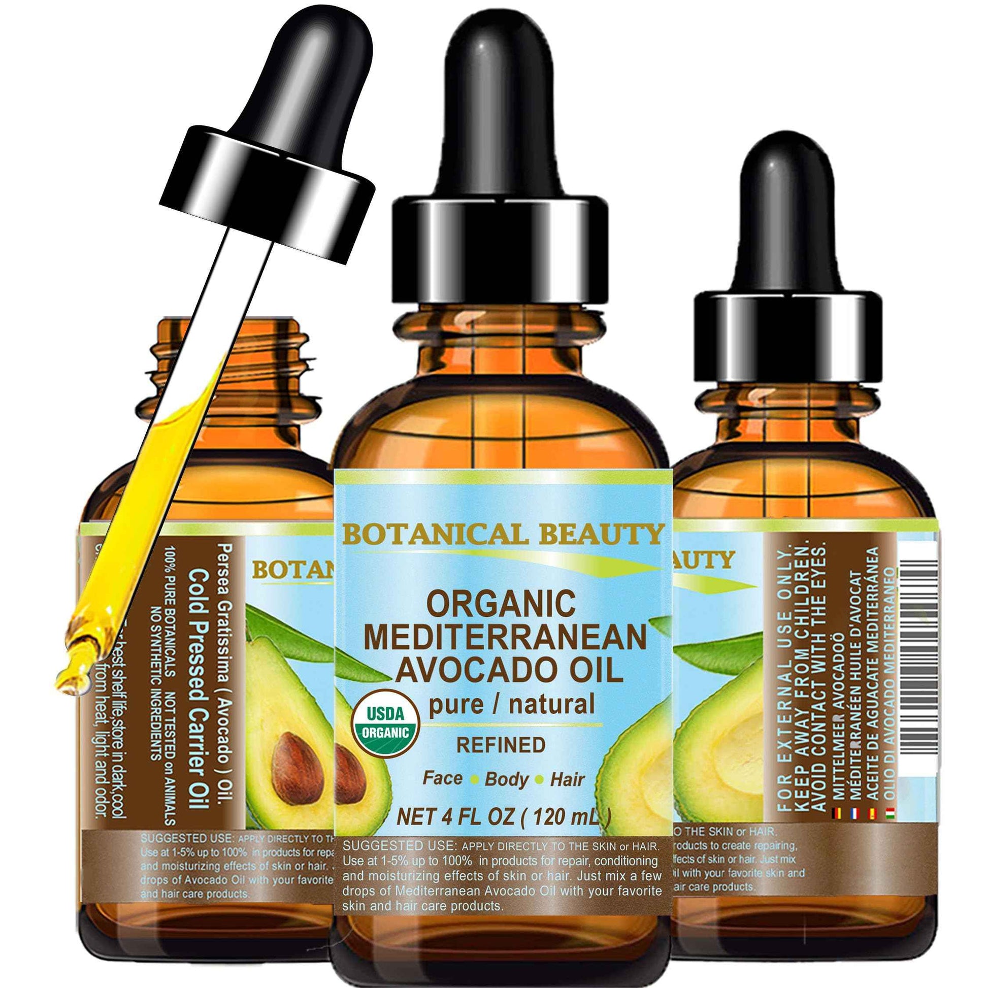 Botanical Beauty Italian ORGANIC AVOCADO OIL 100% Pure Natural Refined Undiluted Cold Pressed for Face, Body, Feet, Hair, Massage and Nail Care. 4 Fl. oz-120 ml.