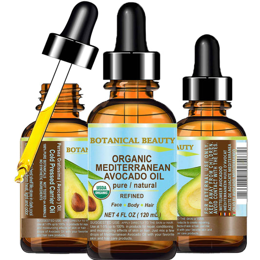 Botanical Beauty Italian ORGANIC AVOCADO OIL 100% Pure Natural Refined Undiluted Cold Pressed for Face, Body, Feet, Hair, Massage and Nail Care. 4 Fl. oz-120 ml.