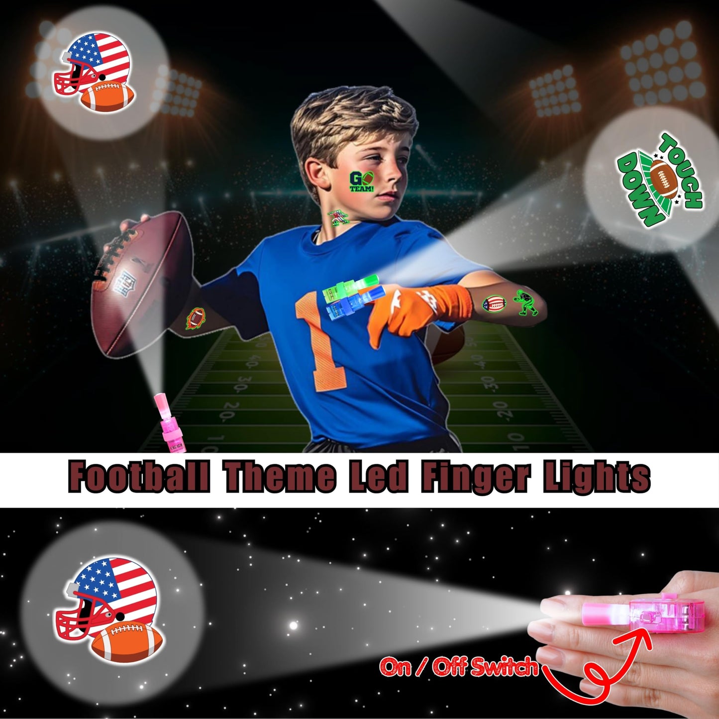72 PCS Football Party Favors – 48 PCS Tattoos & 24 PCS LED Finger Lights Combo – Birthday Goodie Bag Fillers, Party Supplies, Gifts Light Up Toys Glow In The Dark for Boys and Girls (Football)