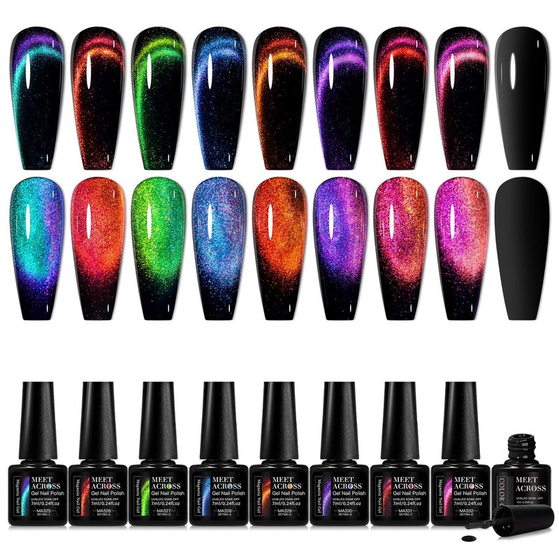 MEET ACROSS 12D Cat Eye Gel Nail Polish Set, Colorful Holographic Cat Eye Glitter Gel Polish Blue Purple Green Nail Gel Polish Kit with Base Top Coat and Magnet Soak Off Nail Art Gel DIY Salon Gift