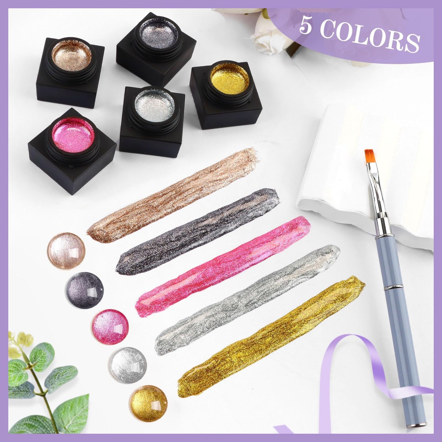 EBANKU Gold Glitter Gel Polish with Nail Brush, 5 Colors Silver Metal Shimmer Gel Liner for Nail Art, Holographic Sparkle Soak Off UV Lamp Cured Gels for Art Manicure Salon DIY at Home