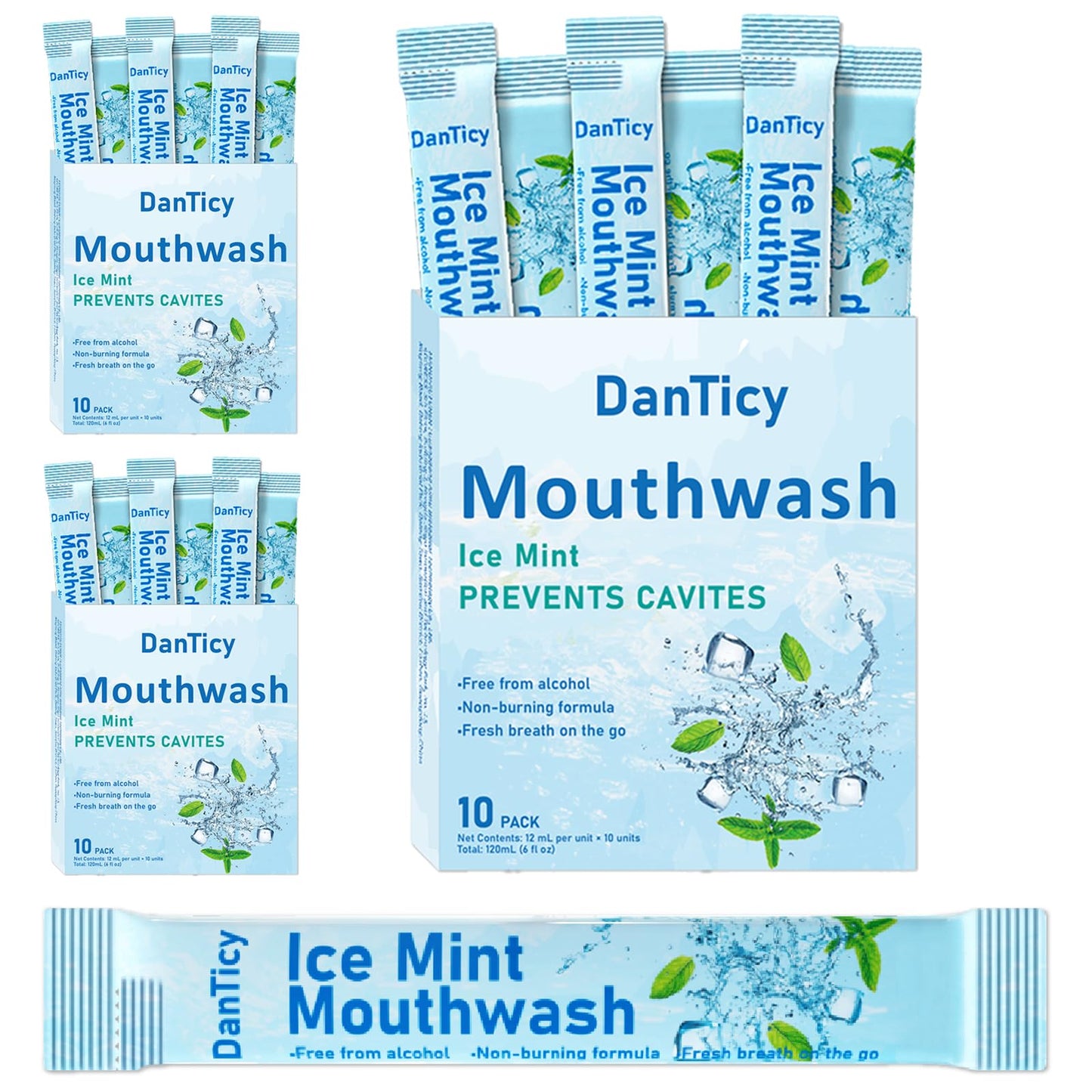 Mouthwash Travel Size, Alcohol-Free Mouthwash, Portable, Fresh Breath, Mini Packets, Ice Mint, 30 Individual Disposable Packets