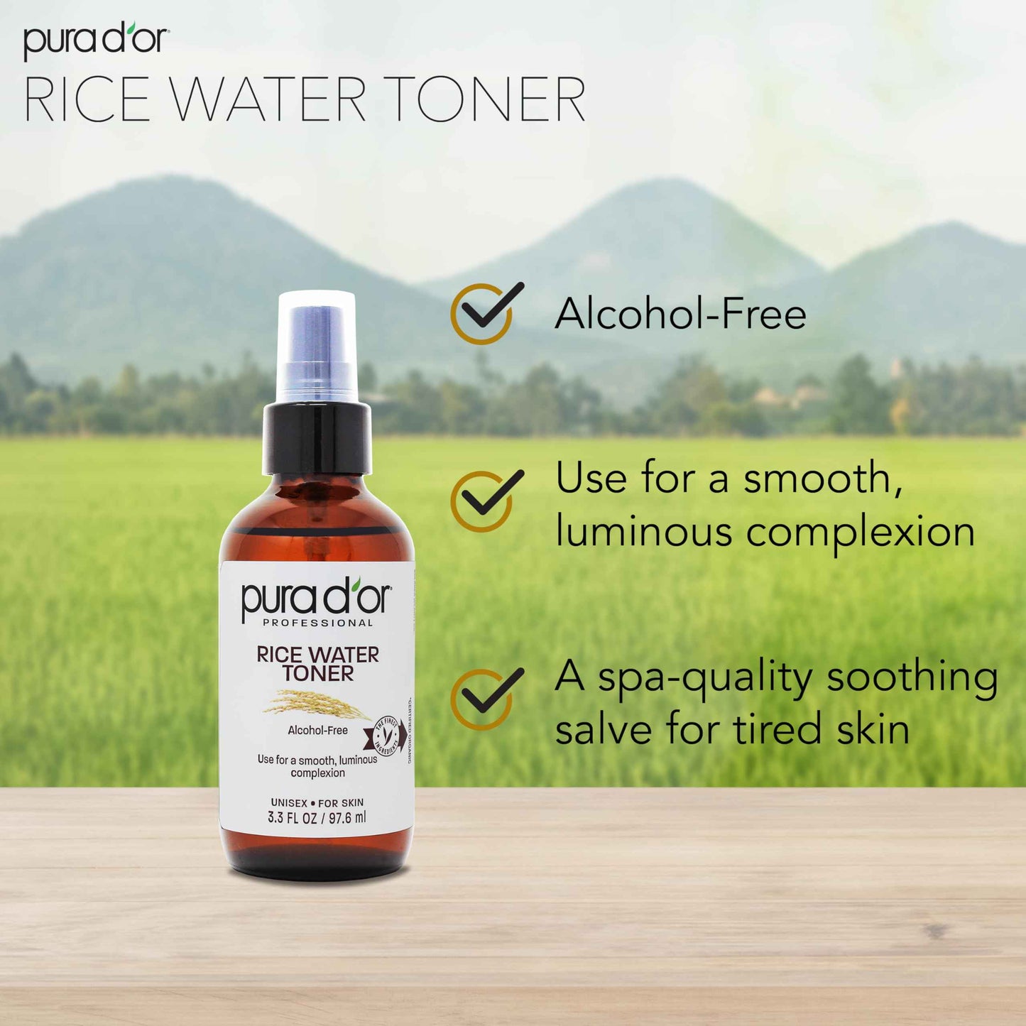 PURA D'OR 3.3 Oz Rice Water Facial Toner - Hydrating, Balancing & Soothing Formula with Natural Extracts - Skin Texture Support for Radiant Skin - Alcohol-Free - Travel Size