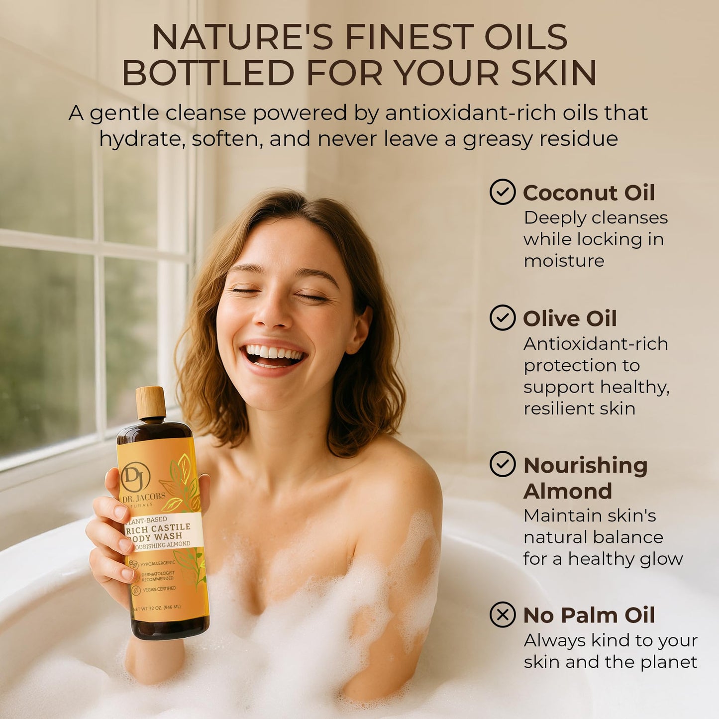 Dr. Jacobs Naturals Pure Castile Soap Liquid Body Wash, Almond - Plant Based Castile Soap Infused with Vitamin E and Aloe Vera to Moisturize Dry and Sensitive Skin - Made in The USA - 32 oz, Pack of 2