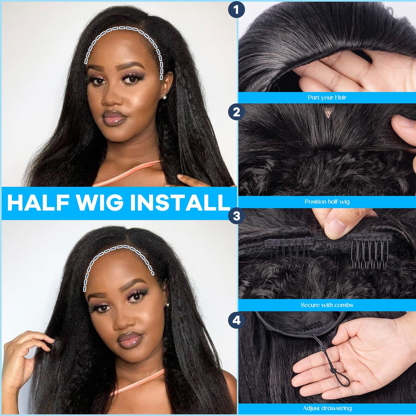 3 in 1 Half Wig Kinky Straight/Kinky curly synthetic for Women 200% Density Glueless Wear No Lace Flip Over Half Wig Seamless Clip In Wigs (16 inch KST)