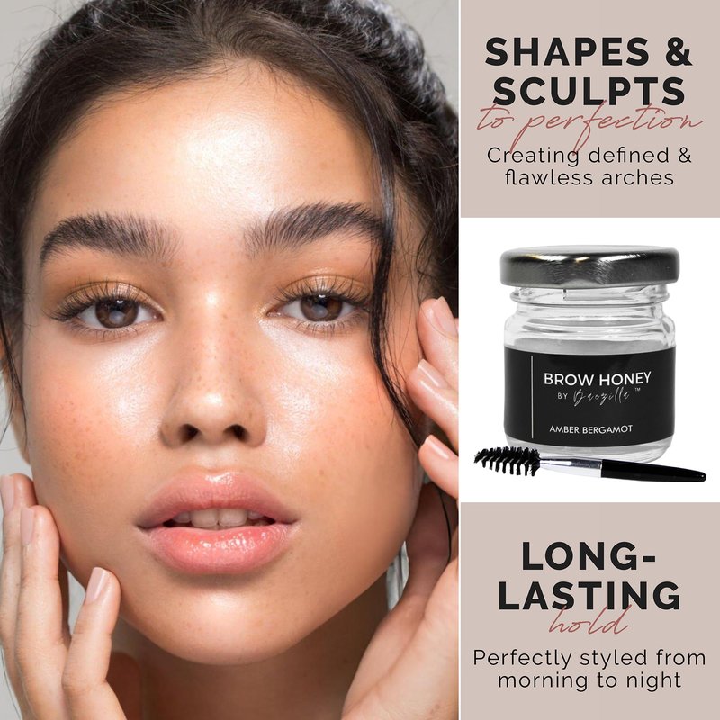 Brow Honey by Baezilla Eyebrow Gel - Long Lasting Clear Waterproof Wax Lamination Gift Set With Brush - Natural Amber Bergamot Scent
