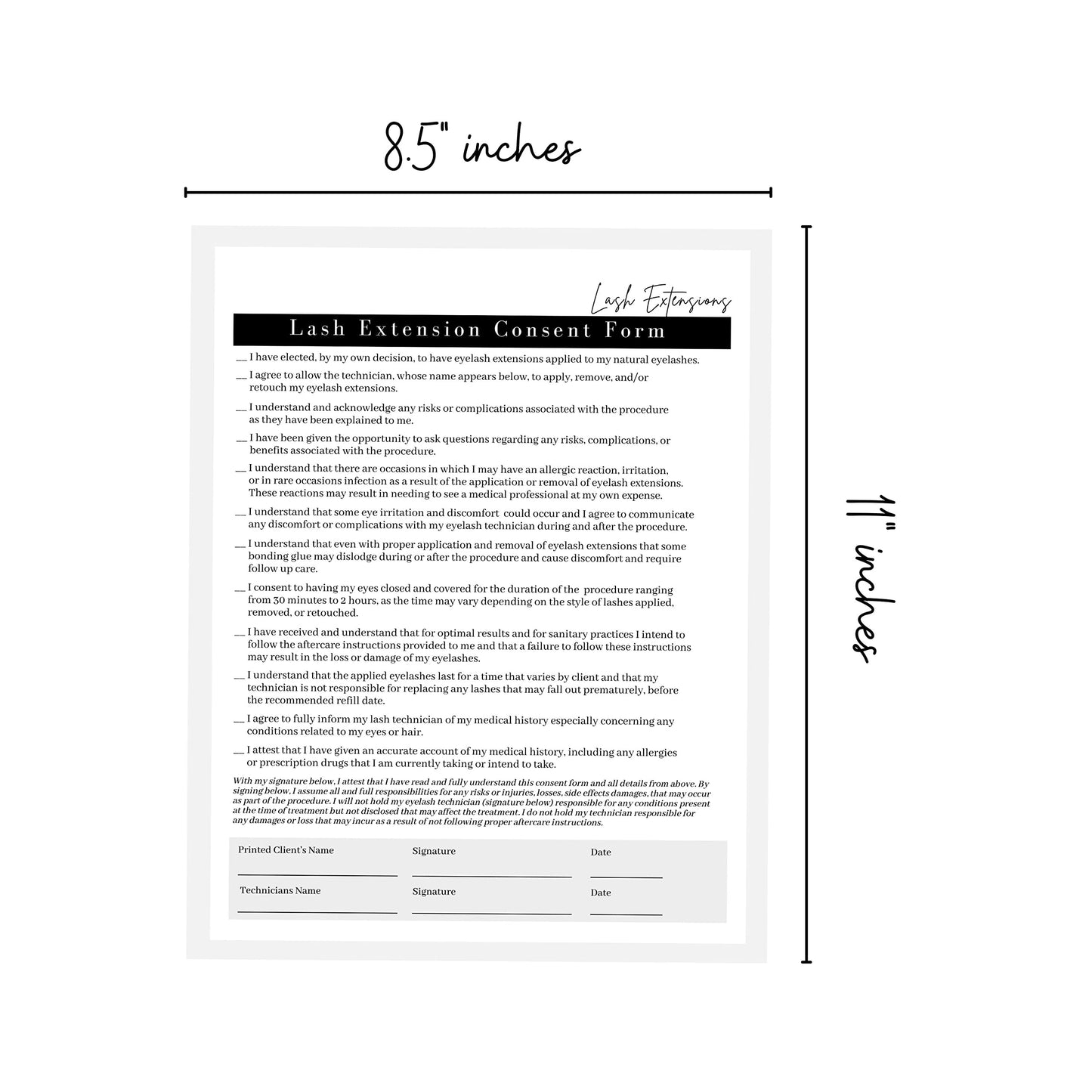 Lash Extension Consent, Intake, Aftercare Forms | 75 Pack | 8.5x11" Paper Size | Eyelash Extension Supplies